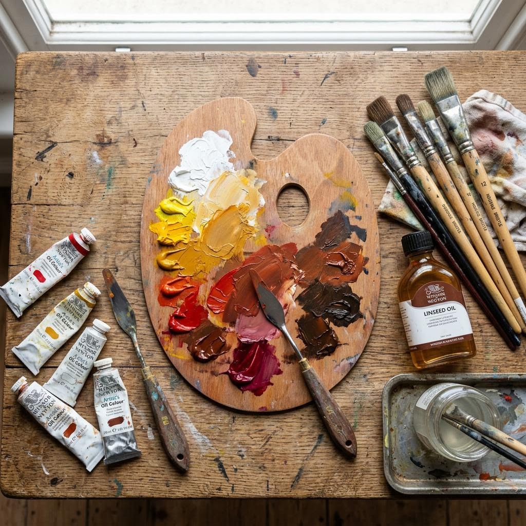 Масляные краски, кисти и палитра